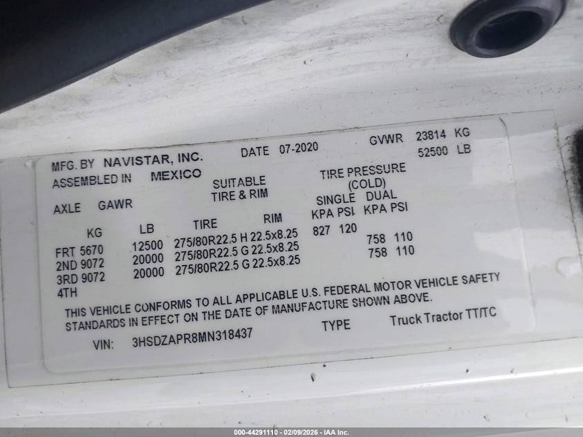 2021 International Lt white Lot 111044291110 Vin 3HSDZAPR8MN318437