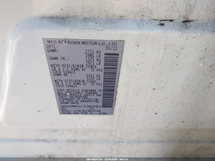 2015 Infiniti Qx60 VIN: 5N1AL0MM5FC530492 Lot: 44291124