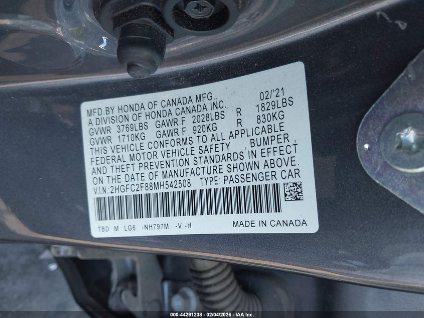 VIN 2HGFC2F88MH542508 2021 HONDA CIVIC SPORT