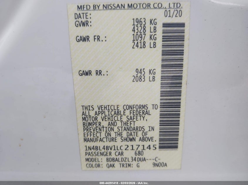 VIN 1N4BL4BV1LC217145 2020 NISSAN ALTIMA S FWD