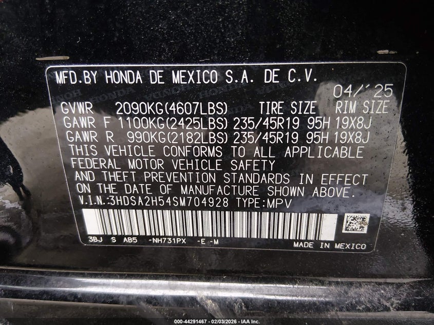 2025 Acura Adx A-Spec VIN: 3HDSA2H54SM704928 Lot: 44291467