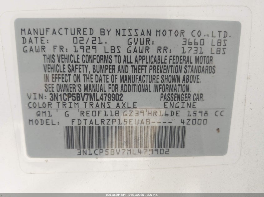 VIN 3N1CP5BV7ML479902 2021 NISSAN KICKS S XTRONIC CVT