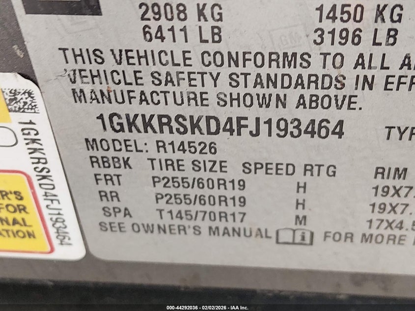 2015 GMC Acadia Slt-2 VIN: 1GKKRSKD4FJ193464 Lot: 44292036