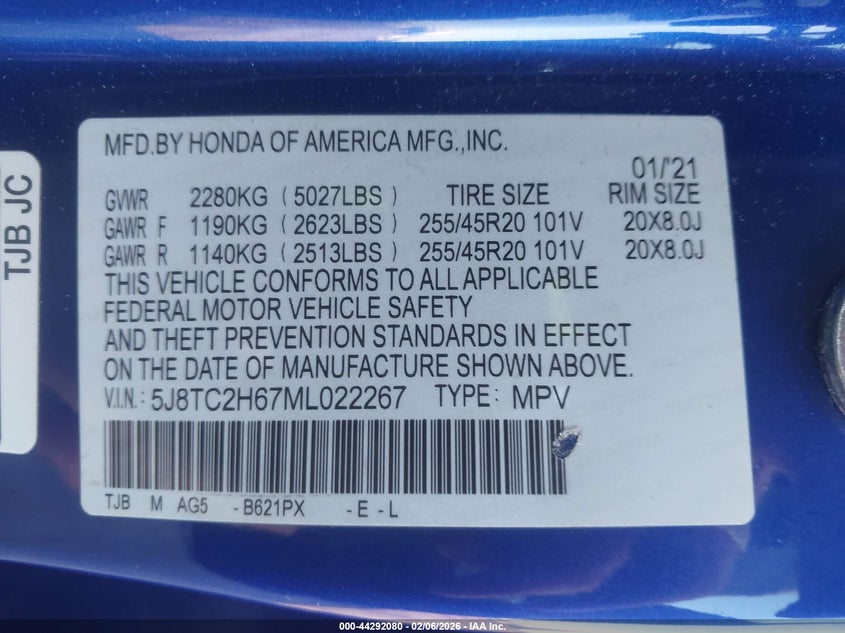 2021 ACURA RDX 2.0L I-4 DI, DOHC, V(VIN: 5J8TC2H67ML022267