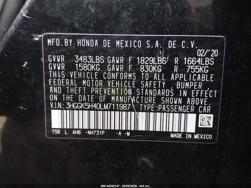 2020 Honda Fit Lx VIN: 3HGGK5H40LM711987 Lot: 44292147