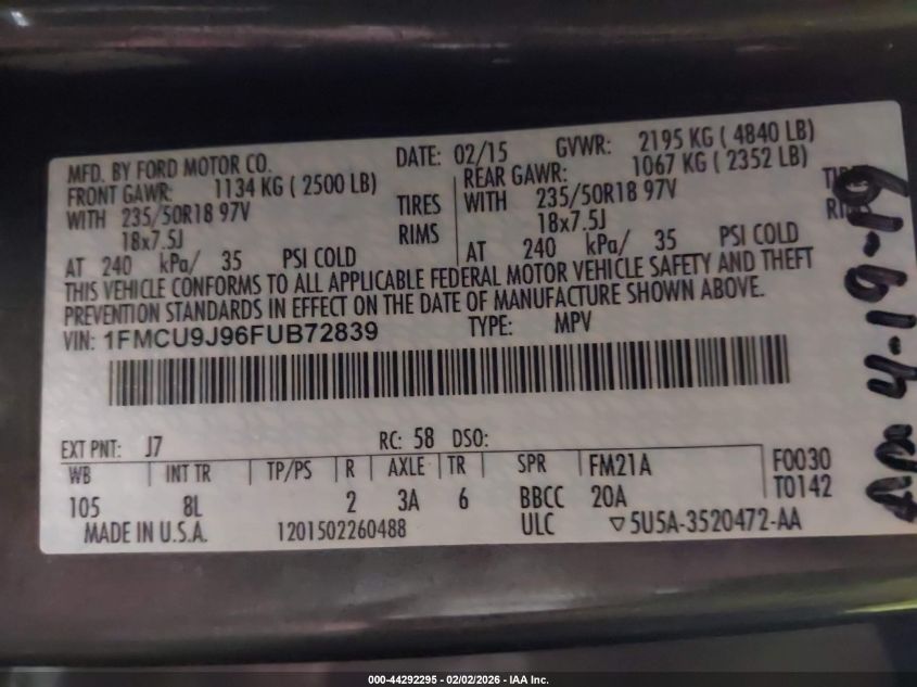 2015 Ford Escape Titanium VIN: 1FMCU9J96FUB72839 Lot: 44292295