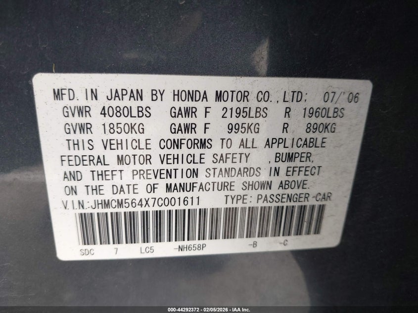 2007 Honda Accord 2.4 Lx VIN: JHMCM564X7C001611 Lot: 44292372