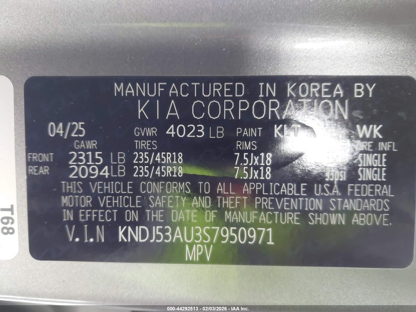 2025 Kia Soul Gt-Line VIN: KNDJ53AU3S7950971 Lot: 44292513