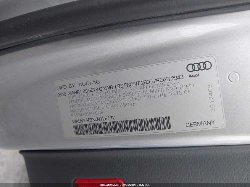 2019 Audi A7 55 Premium VIN: WAUV2AF23KN125172 Lot: 44292586