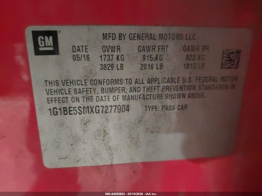 2016 Chevrolet Cruze Lt Auto VIN: 1G1BE5SMXG7277904 Lot: 44292653