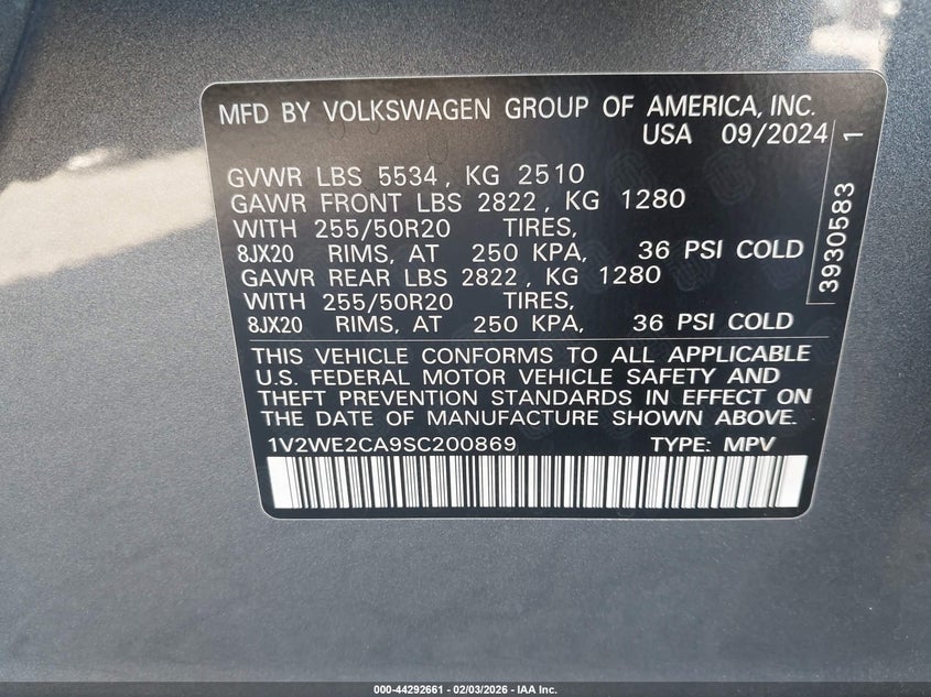 VIN 1V2WE2CA9SC200869 2025 VOLKSWAGEN ATLAS CROSS SPORT 2.0T SE W/TECHNOLOGY