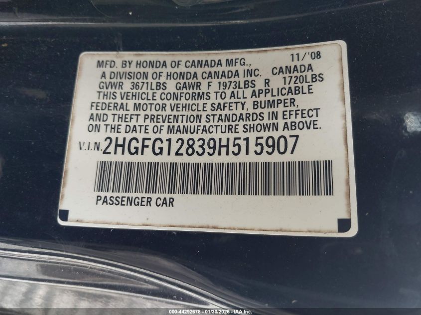 2009 Honda Civic Ex VIN: 2HGFG12839H515907 Lot: 44292678