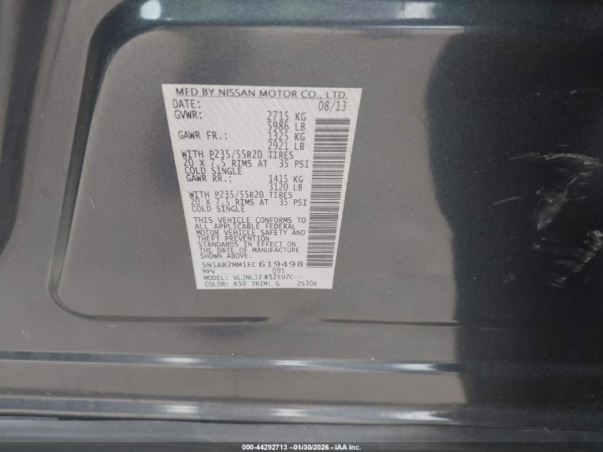 2014 Nissan Pathfinder Platinum VIN: 5N1AR2MM1EC619498 Lot: 44292713