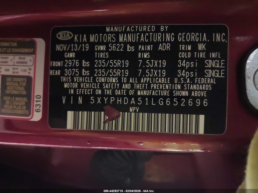VIN 5XYPHDA51LG652696 2020 KIA SORENTO 3.3L EX
