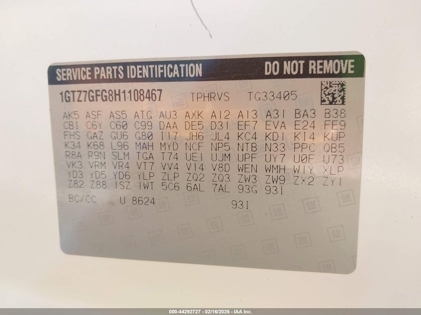 2017 GMC Savana 3500 Work Van VIN: 1GTZ7GFG8H1108467 Lot: 44292727