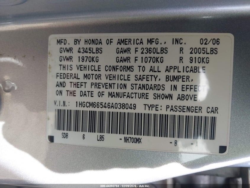 2006 Honda Accord 3.0 Ex VIN: 1HGCM66546A038049 Lot: 44292784