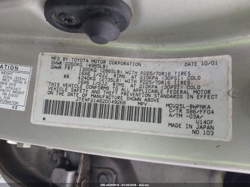 2002 Toyota Highlander Limited V6 VIN: JTEHF21A620049268 Lot: 44292818