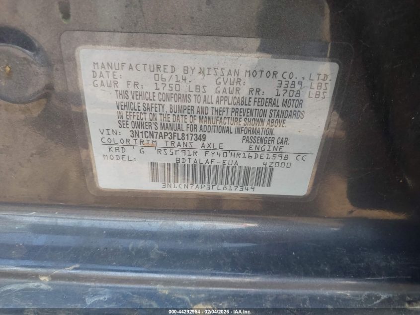 2015 Nissan Versa 1.6 S VIN: 3N1CN7AP3FL817349 Lot: 44292954