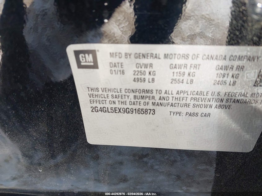 2016 Buick Regal Turbo VIN: 2G4GL5EX9G9165873 Lot: 44292976