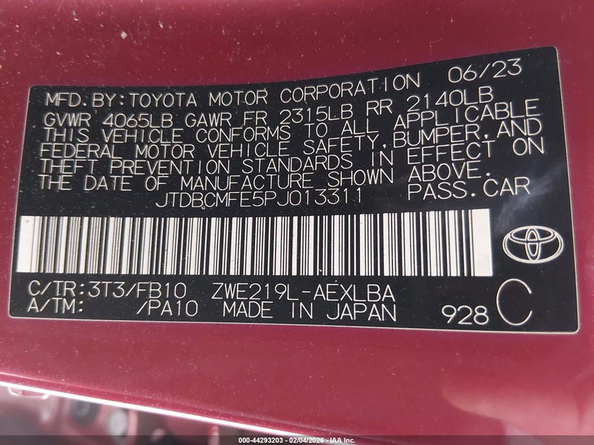 2023 Toyota Corolla Hybrid Le VIN: JTDBCMFE5PJ013311 Lot: 44293203