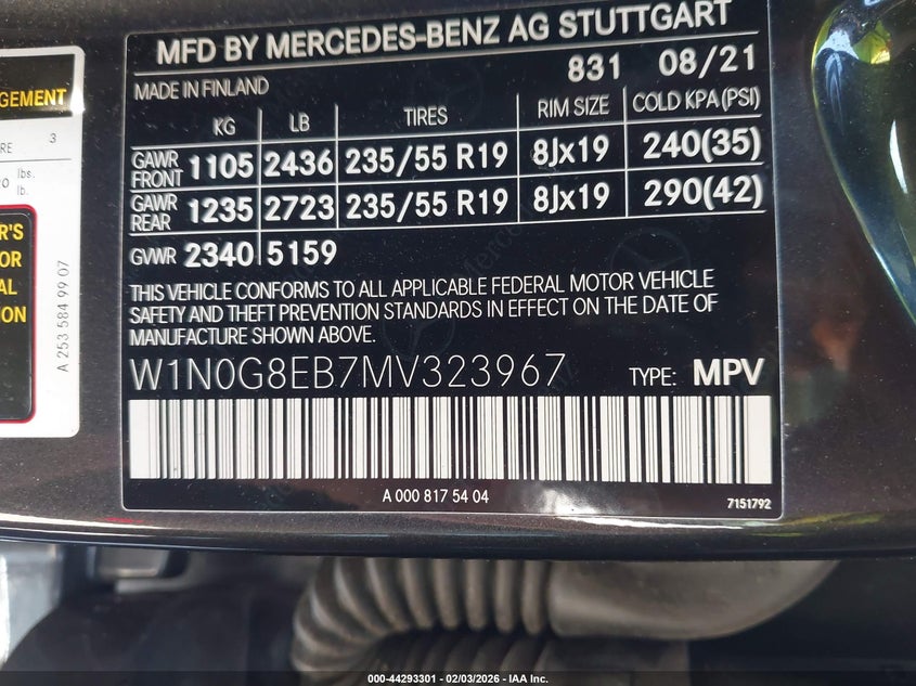 2021 Mercedes-Benz Glc 300 4Matic Suv VIN: W1N0G8EB7MV323967 Lot: 44293301