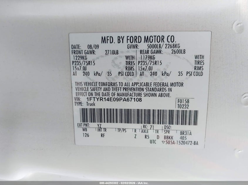 2009 Ford Ranger Sport/Xl/Xlt VIN: 1FTYR14E09PA67108 Lot: 44293302