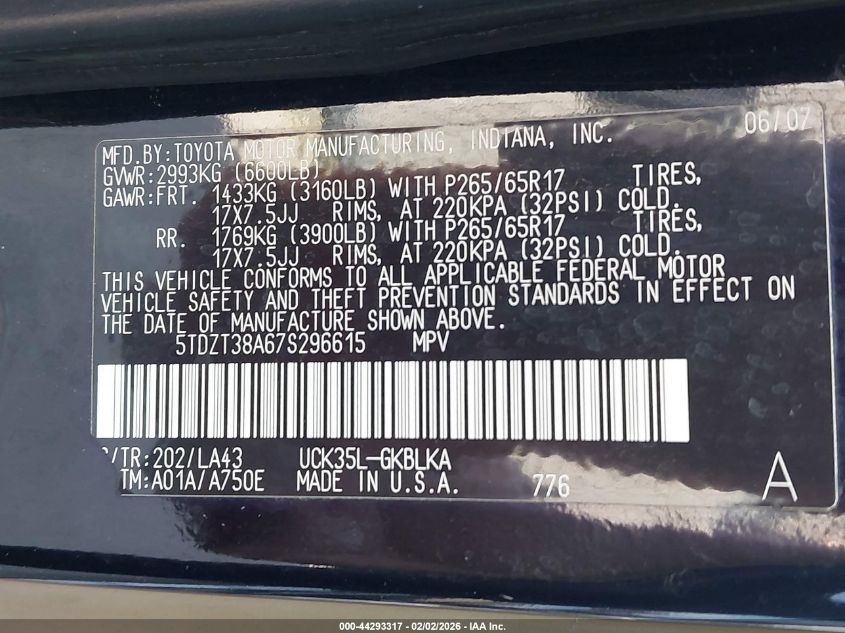 2007 Toyota Sequoia Limited V8 VIN: 5TDZT38A67S296615 Lot: 44293317