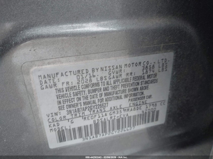 2016 Nissan Sentra Sr VIN: 3N1AB7AP2GY226627 Lot: 44293343