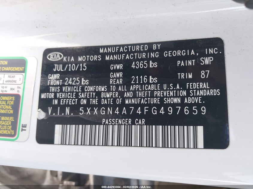 2015 Kia Optima Ex VIN: 5XXGN4A74FG497659 Lot: 44293384