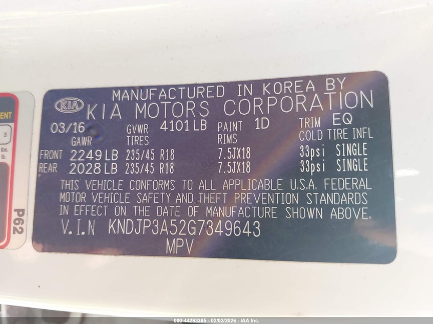 2016 Kia Soul + VIN: KNDJP3A52G7349643 Lot: 44293385