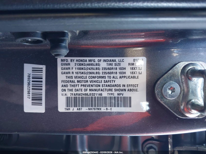 VIN 7FARW2H86JE021146 2018 HONDA CR-V EX-L/EX-L NAVI