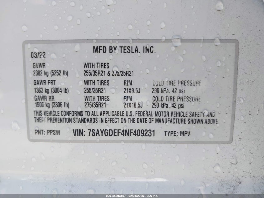 2022 Tesla Model y Performance Dual Motor All-Wheel Drive white Lot 111044293467 Vin 7SAYGDEF4NF409231