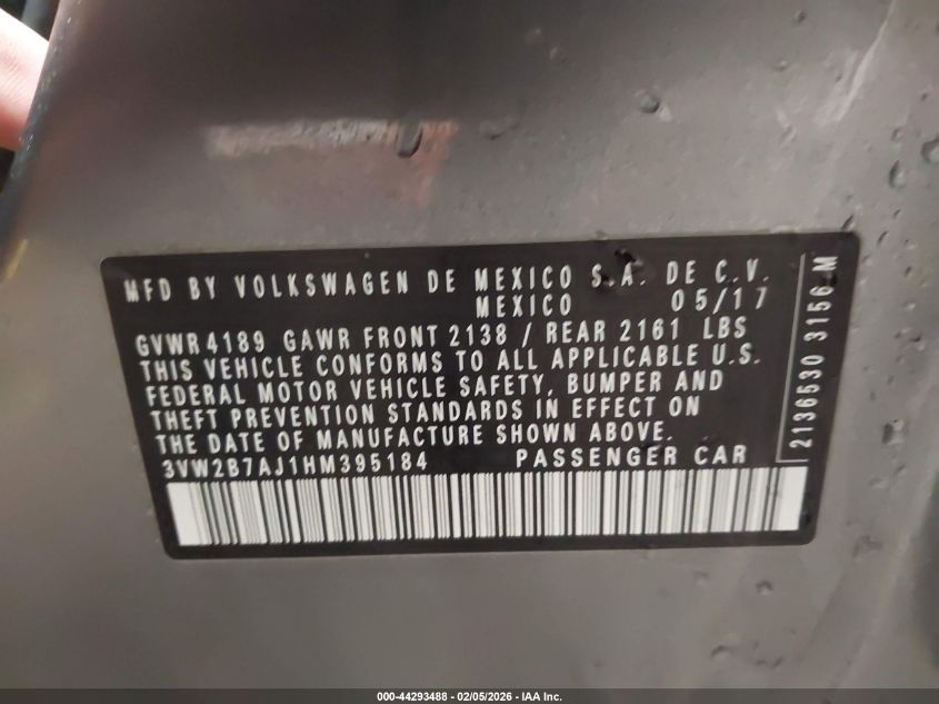 2017 Volkswagen Jetta 1.4T S VIN: 3VW2B7AJ1HM395184 Lot: 44293488