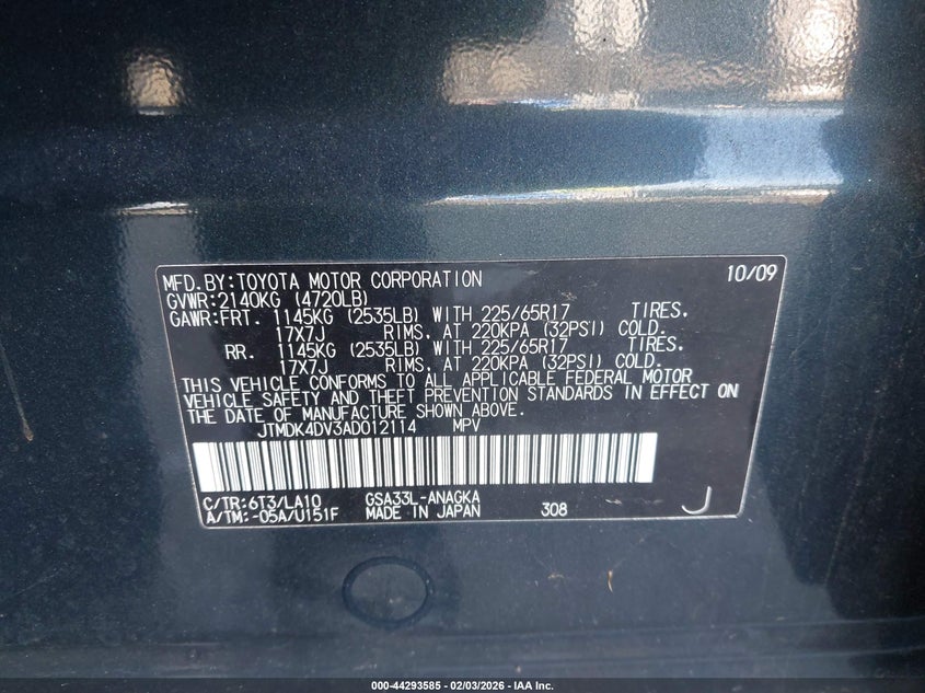 2010 Toyota Rav4 Limited V6 VIN: JTMDK4DV3AD012114 Lot: 44293585