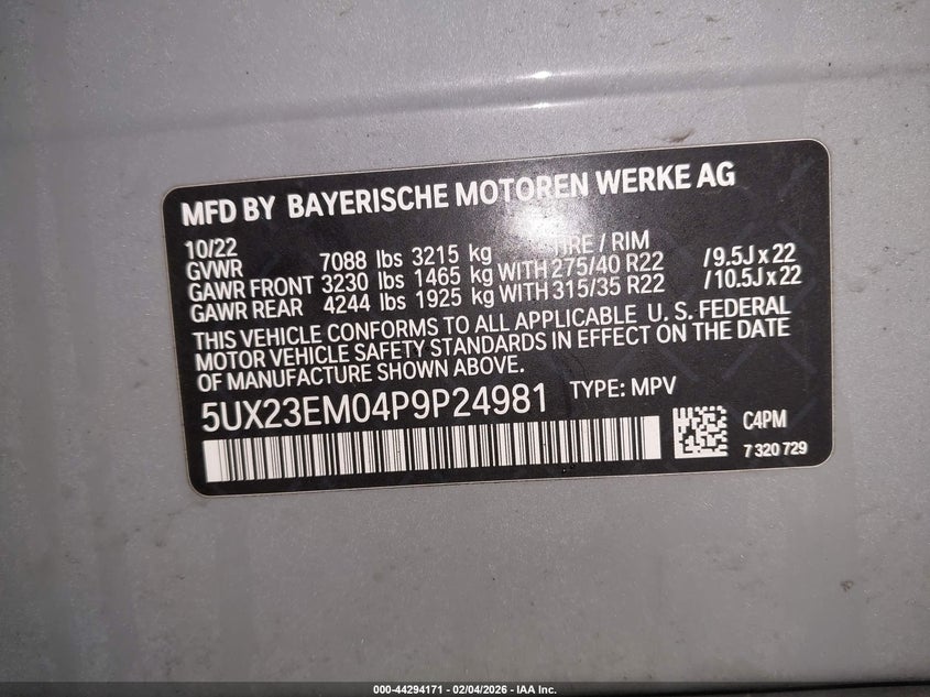 2023 BMW X7 xDrive40I VIN: 5UX23EM04P9P24981 Lot: 44294171
