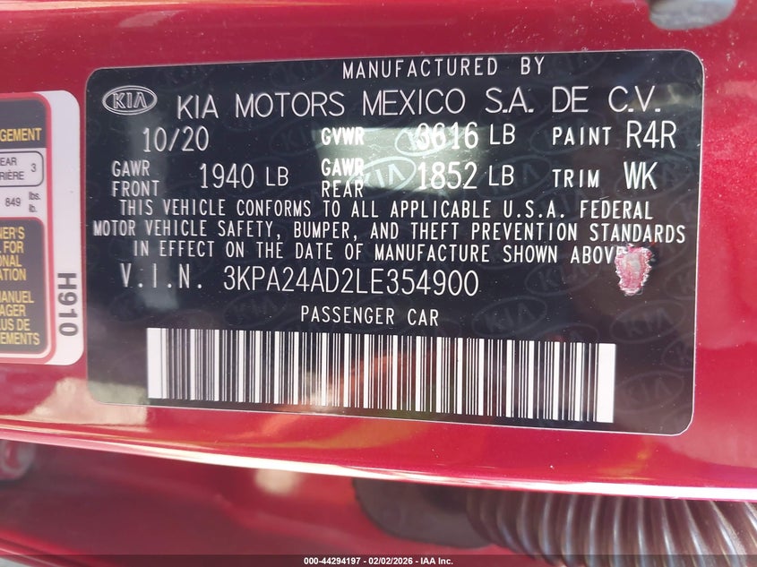 2020 Kia Rio S VIN: 3KPA24AD2LE354900 Lot: 44294197