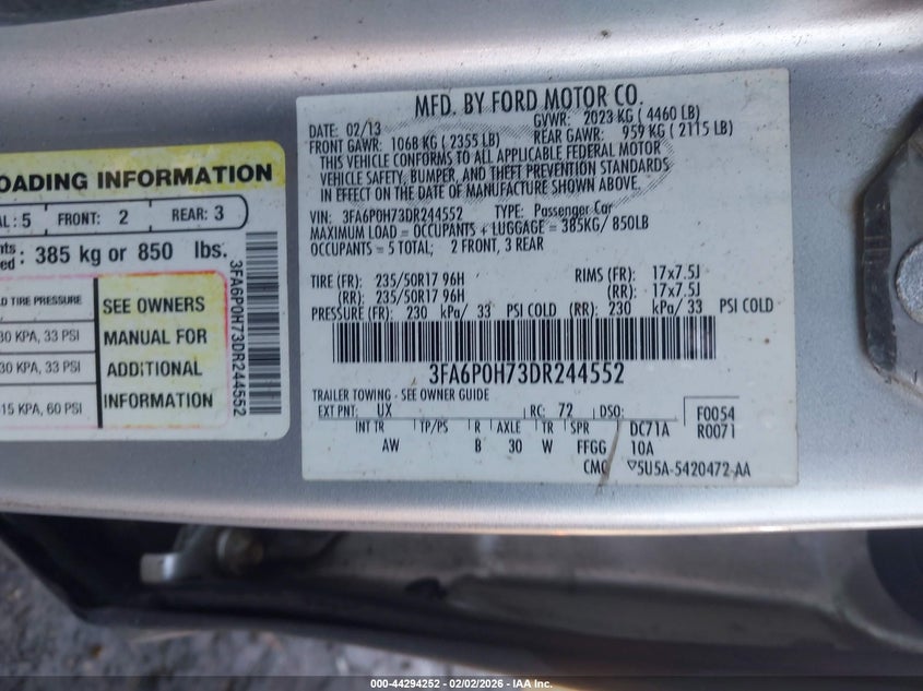 2013 FORD FUSION SEDAN 2.5L I-4 DOHC, VVT, 175HP