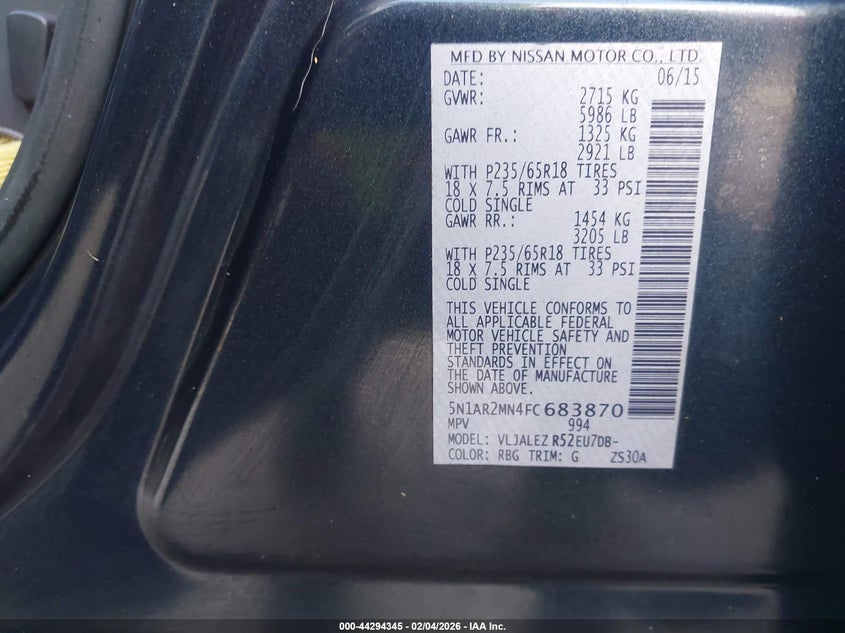 2015 Nissan Pathfinder Sv VIN: 5N1AR2MN4FC683870 Lot: 44294345