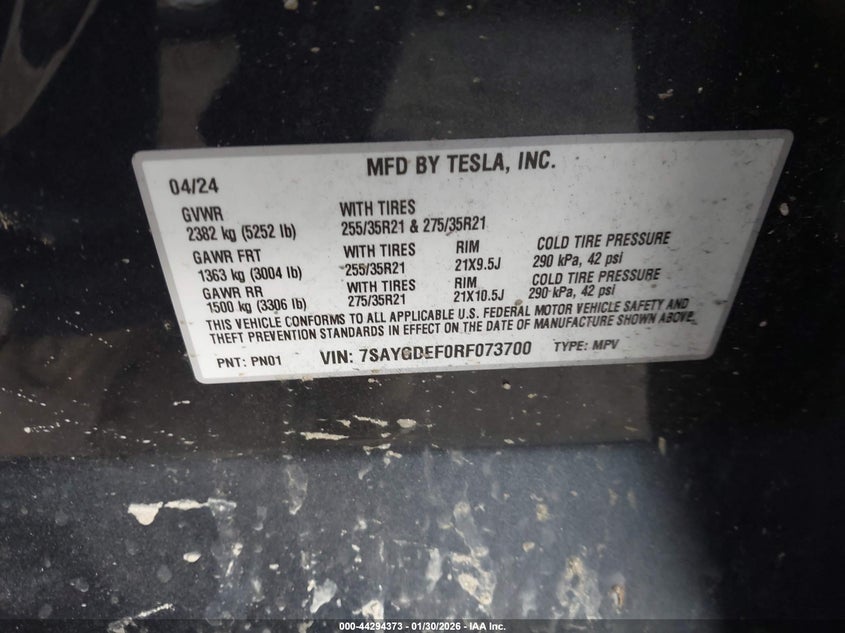 VIN 7SAYGDEF0RF073700 2024 TESLA MODEL Y PERFORMANCE DUAL MOTOR ALL-WHEEL DRIVE