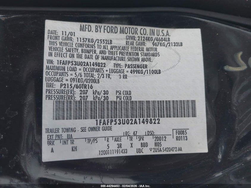 2002 Ford Taurus Se VIN: 1FAFP53U02A149822 Lot: 44294453