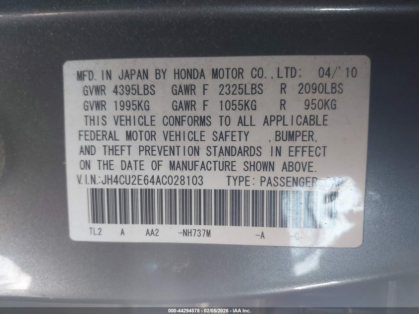 2010 Acura Tsx 2.4 VIN: JH4CU2E64AC028103 Lot: 44294578
