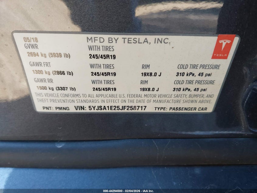 2018 Tesla Model S 100D/75D/P100D VIN: 5YJSA1E25JF258717 Lot: 44294580