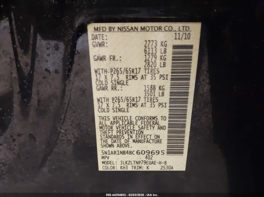 2011 Nissan Pathfinder Silver VIN: 5N1AR1NB4BC609695 Lot: 44294602