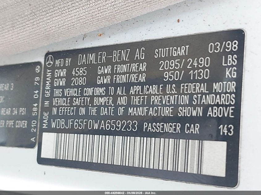 1998 Mercedes-Benz E 320 VIN: WDBJF65F0WA659233 Lot: 44294642