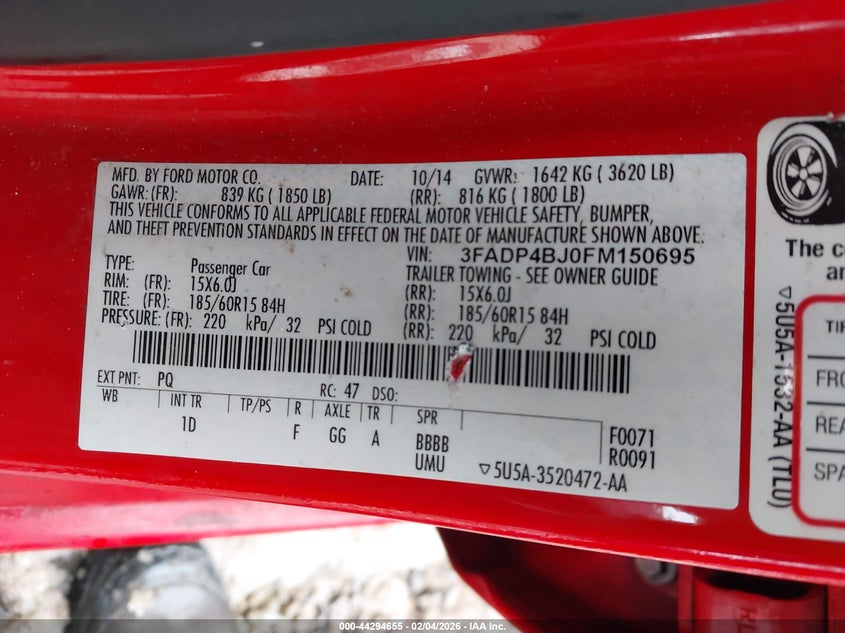 2015 Ford Fiesta Se VIN: 3FADP4BJ0FM150695 Lot: 44294655