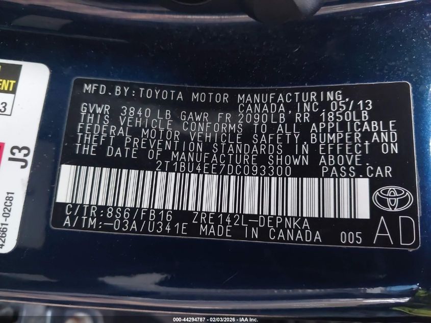 2013 Toyota Corolla Le VIN: 2T1BU4EE7DC093300 Lot: 44294787