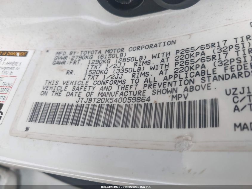 2004 Lexus Gx 470 VIN: JTJBT20X540059864 Lot: 44294975