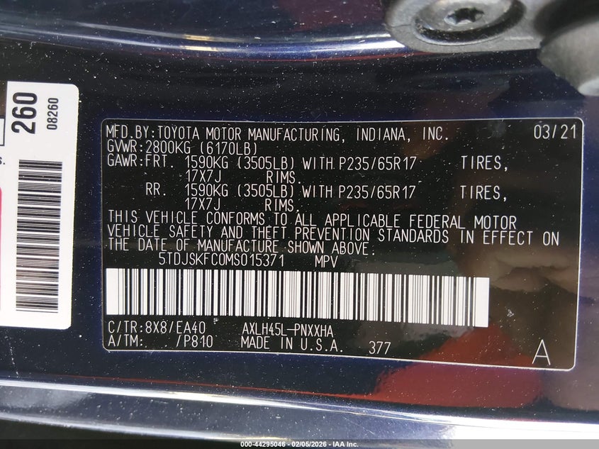 2021 Toyota Sienna Xle VIN: 5TDJSKFC0MS015371 Lot: 44295046