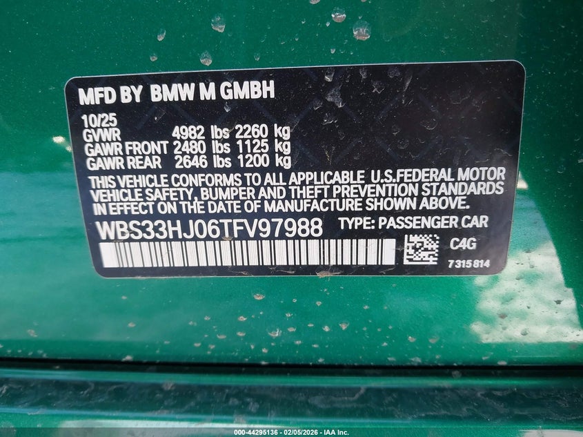 2026 BMW M3 Competition xDrive VIN: WBS33HJ06TFV97988 Lot: 44295136