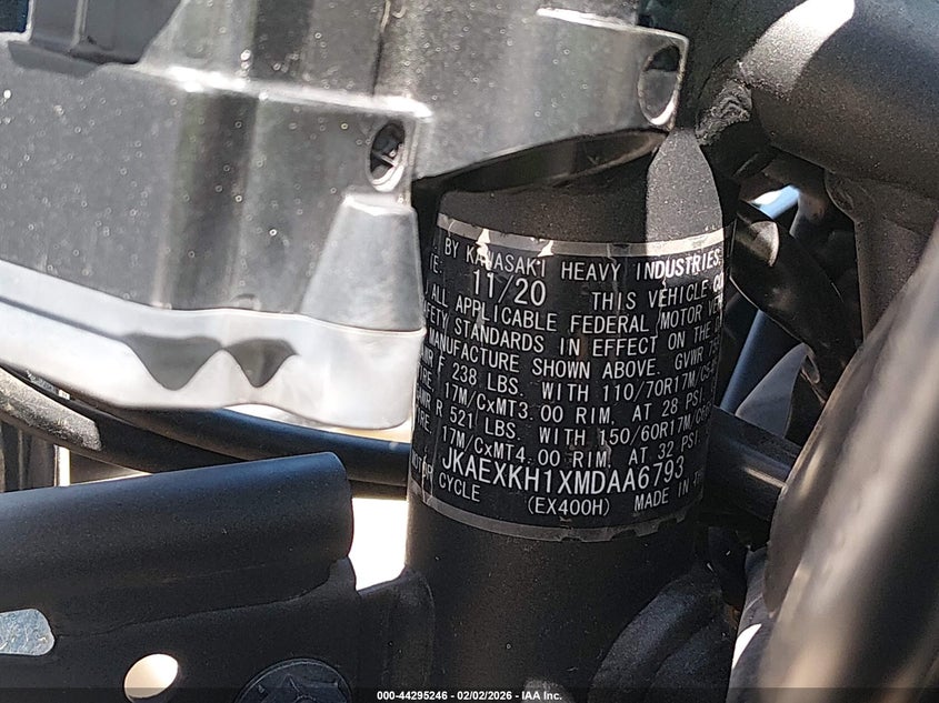 VIN JKAEXKH1XMDAA6793 2021 KAWASAKI EX400